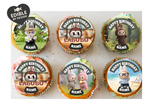 Labubu Theme Birthday Cake Toppers Edible Circles Personalised Name and Age Matching Stickers Balloon Invitations Pack
