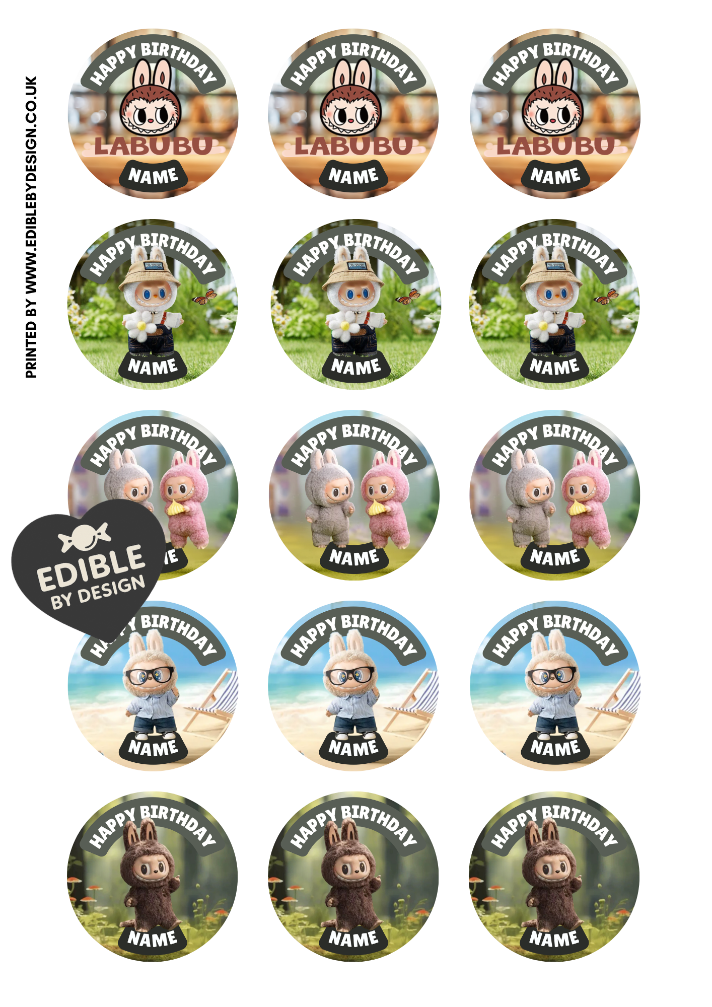 Labubu Theme Birthday Cake Toppers Edible Circles Personalised Name and Age Matching Stickers Balloon Invitations Pack