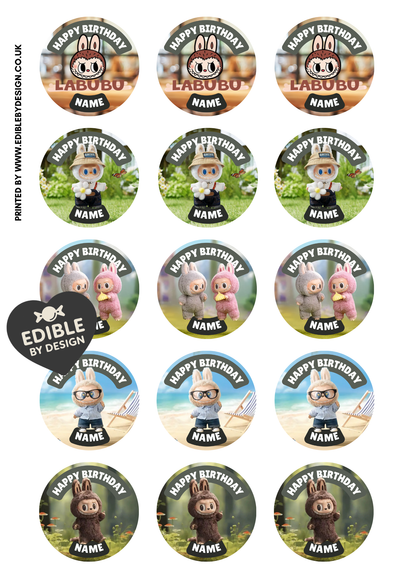 Labubu Theme Birthday Cake Toppers Edible Circles Personalised Name and Age Matching Stickers Balloon Invitations Pack