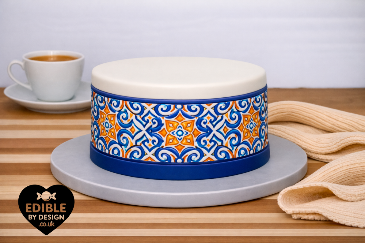 Italianate Blue White & Lemon Tiles - Ribbon Border Edging for Cake in Icing