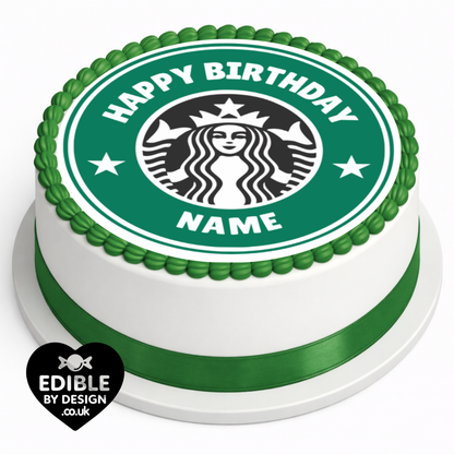 Inspired by Starbucks Logo Birthday Cake Toppers Edible Circles Personalised Name and Age Matching Stickers Balloon Invitations Pack