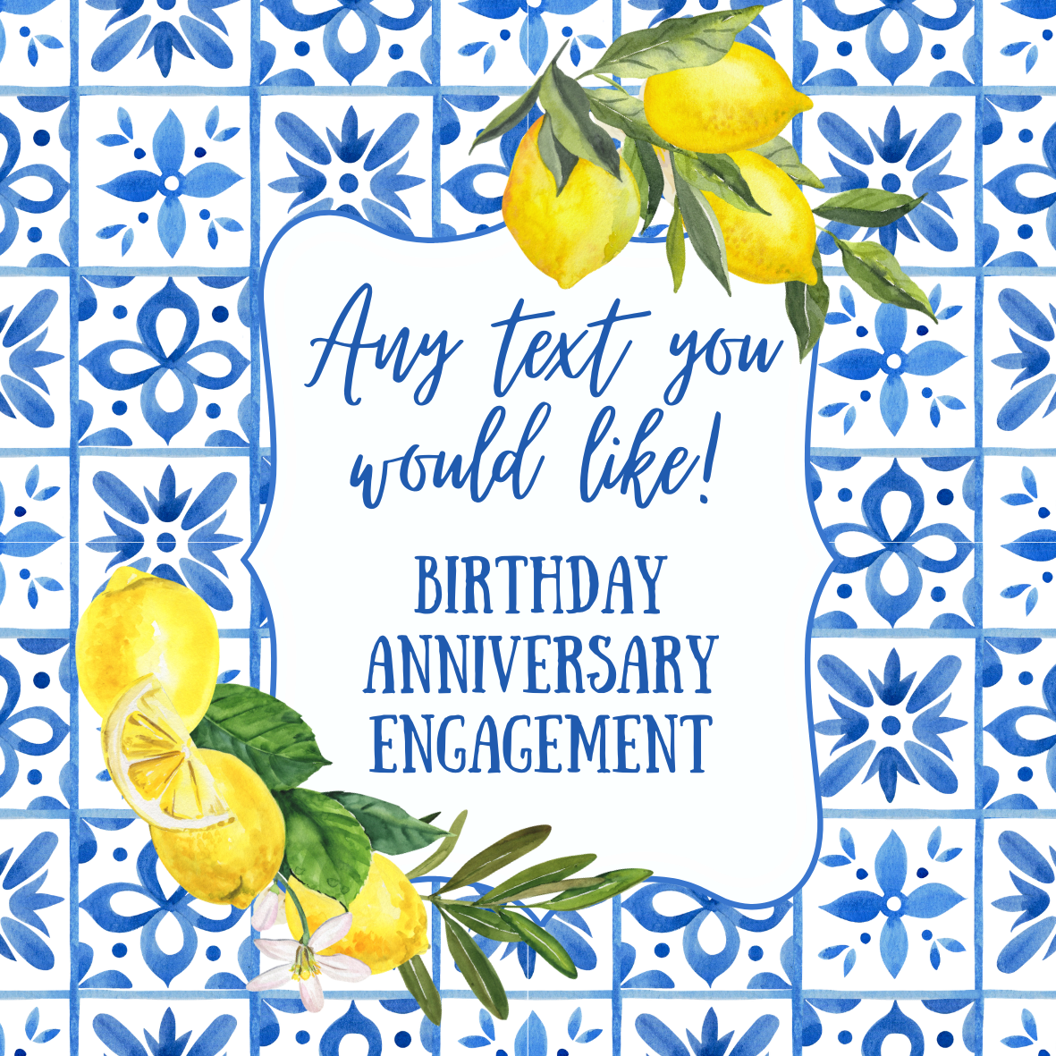 Personalised Lemon Italianate Blue & White Cake Toppers: Edible Icing or Wafer, Stickers, Invites, Balloon and Party Pack
