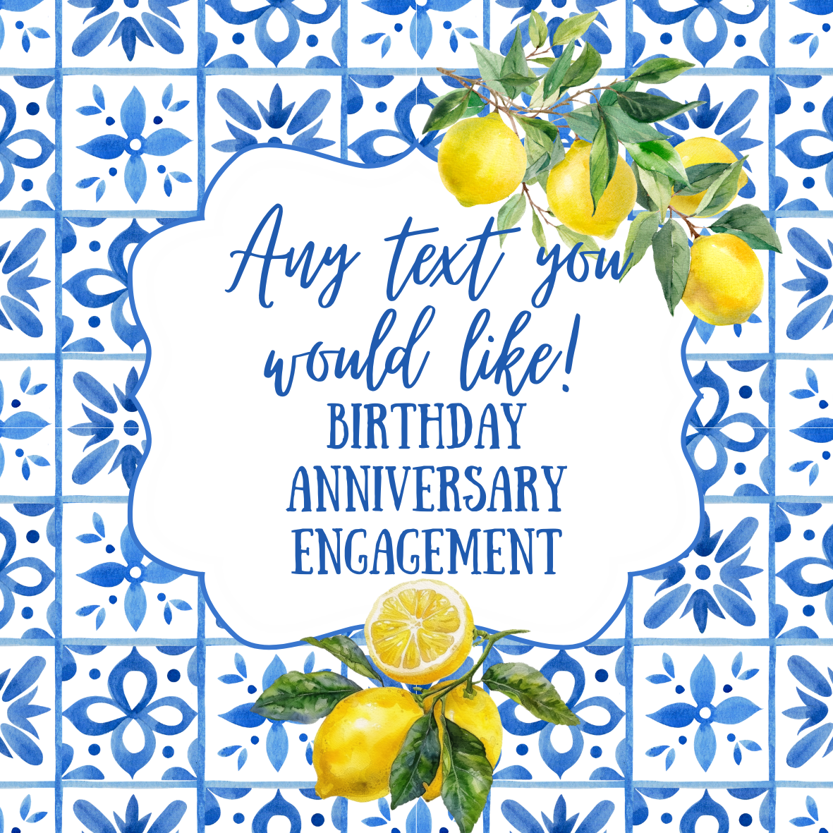 Personalised Lemon Italianate Blue & White Cake Toppers: Edible Icing or Wafer, Stickers, Invites, Balloon and Party Pack
