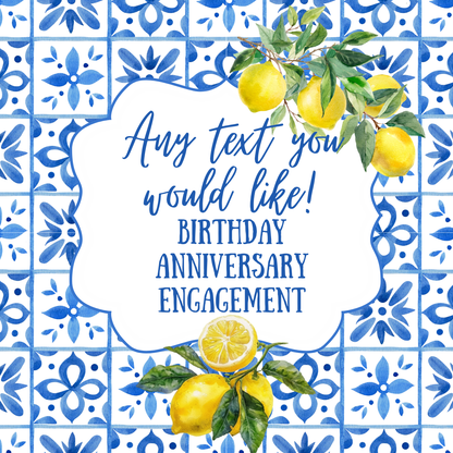 Personalised Lemon Italianate Blue & White Cake Toppers: Edible Icing or Wafer, Stickers, Invites, Balloon and Party Pack
