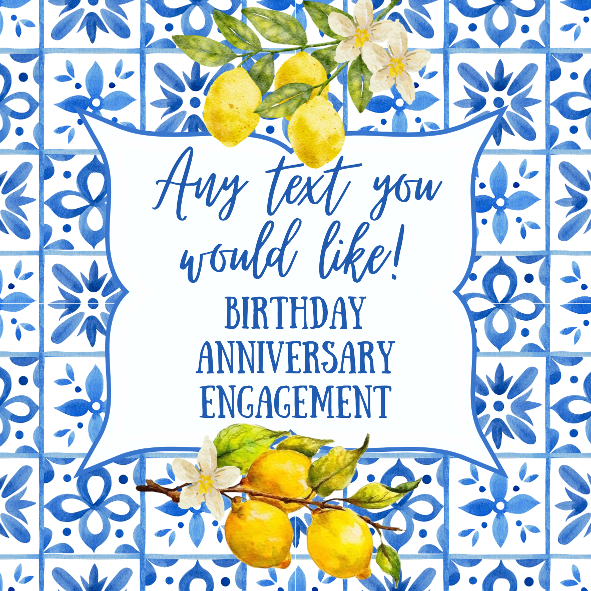 Personalised Lemon Italianate Blue & White Cake Toppers: Edible Icing or Wafer, Stickers, Invites, Balloon and Party Pack