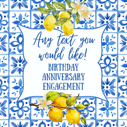 Personalised Lemon Italianate Blue & White Cake Toppers: Edible Icing or Wafer, Stickers, Invites, Balloon and Party Pack
