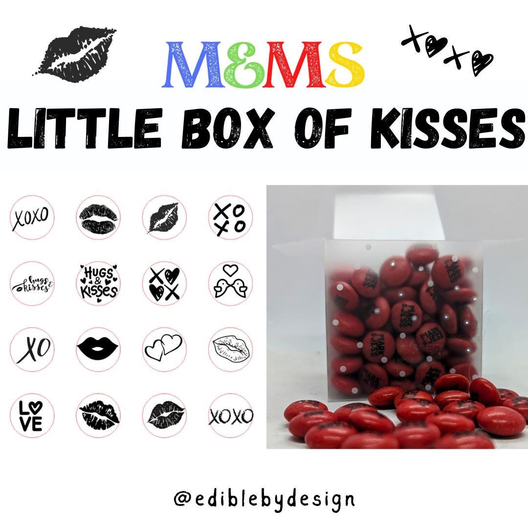 Little Box of Kisses Chocolate M&Ms Printed with various kiss designs Perfect romantic valentine gift present for lovers couples