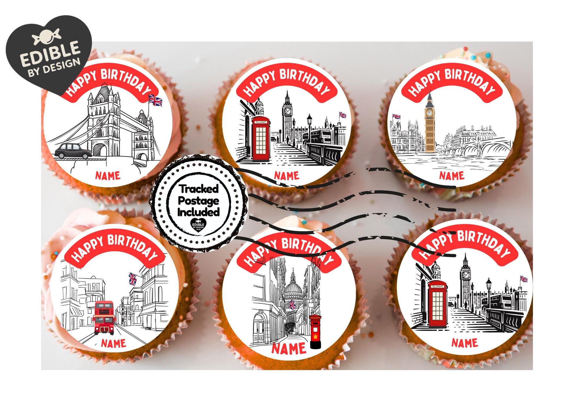 London Theme Birthday Cake Toppers Personalised with Name and age matching Foil Balloon available