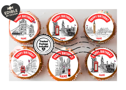 London Theme Birthday Cake Toppers Personalised with Name and age matching Foil Balloon available