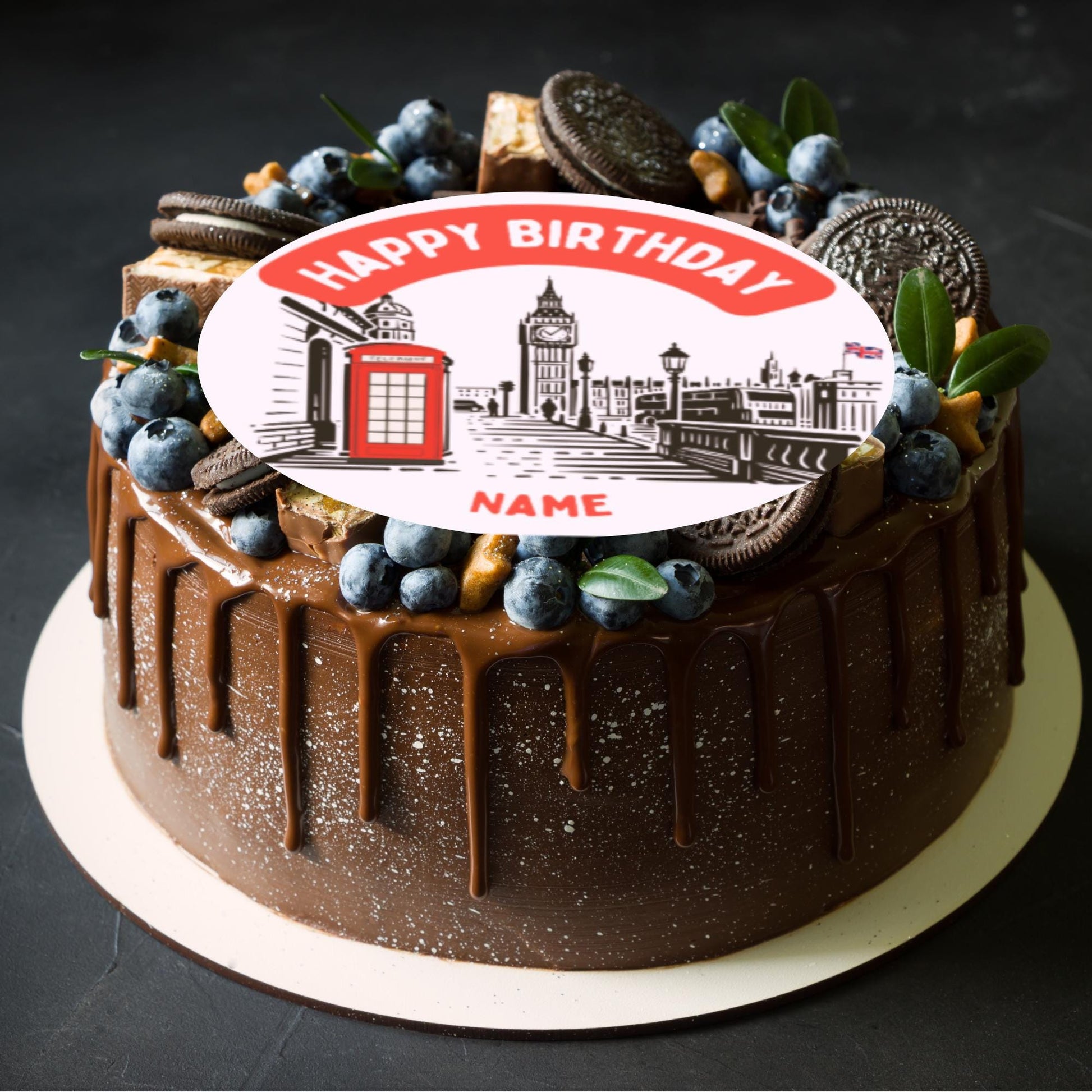 London Theme Birthday Cake Toppers Personalised with Name and age matching Foil Balloon available