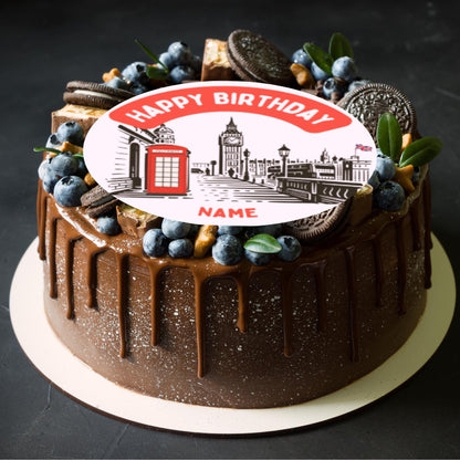 London Theme Birthday Cake Toppers Personalised with Name and age matching Foil Balloon available
