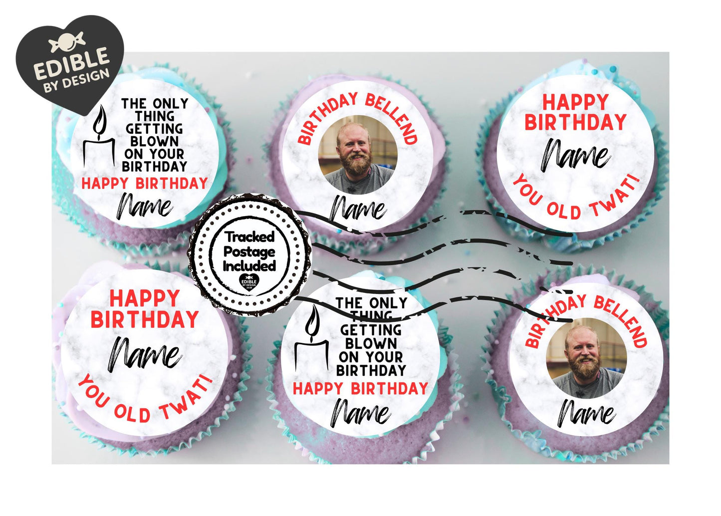MATURE Funny Rude Birthday Cupcake Toppers Edible Circles printed with edible ink. Photo and Name Personalised.