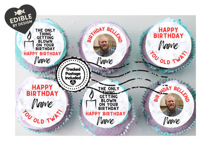 MATURE Funny Rude Birthday Cupcake Toppers Edible Circles printed with edible ink. Photo and Name Personalised.