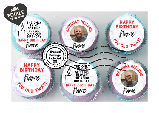 MATURE Funny Rude Birthday Cupcake Toppers Edible Circles printed with edible ink. Photo and Name Personalised.