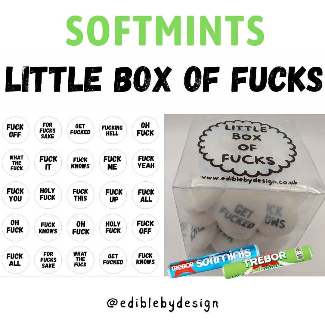 MATURE Little Box of Fucks Trebor Softmints Perfect Funny Rude Gift with lots of different fucks and a no fucks sticker inside when empty