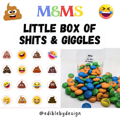 MATURE Little Box of Shits and Giggles Chocolate M&Ms Printed with various shits and You're all out of shits sticker inside Funny gift