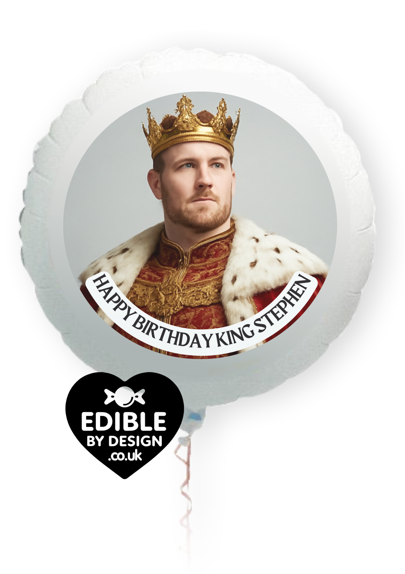 Photo Transformation Man to King Personalised Cake Toppers: Edible Icing or Wafer matching Foil Balloon