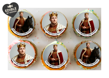 Photo Transformation Man to King Personalised Cake Toppers: Edible Icing or Wafer matching Foil Balloon
