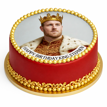 Photo Transformation Man to King Personalised Cake Toppers: Edible Icing or Wafer matching Foil Balloon
