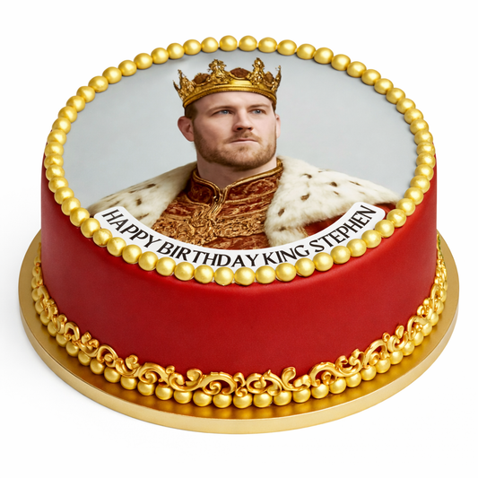 Photo Transformation Man to King Personalised Cake Toppers: Edible Icing or Wafer matching Foil Balloon