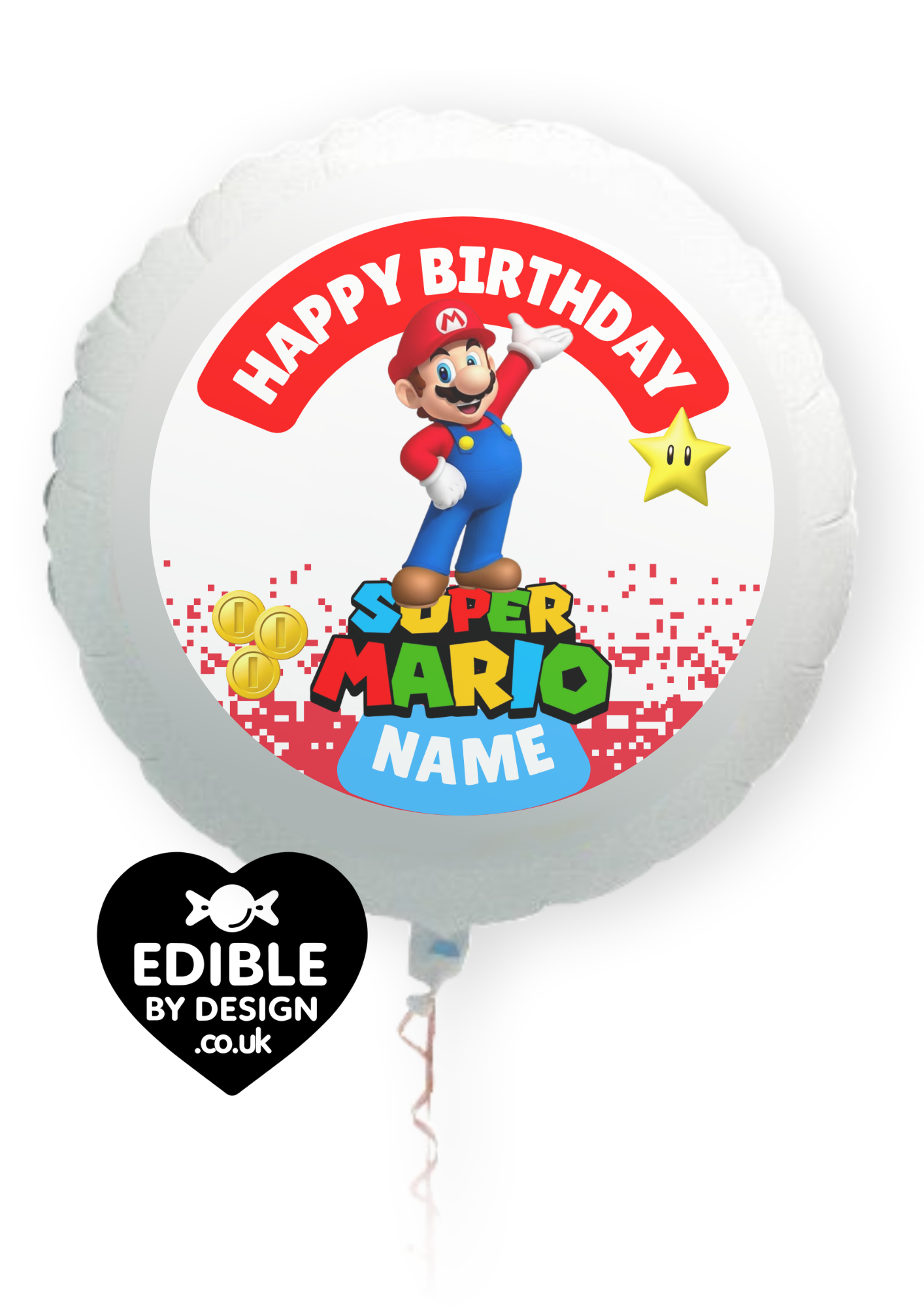 Super Mario Theme Birthday Cake Toppers Edible Circles Personalised Name and Age Matching Stickers Balloon Invitations Pack