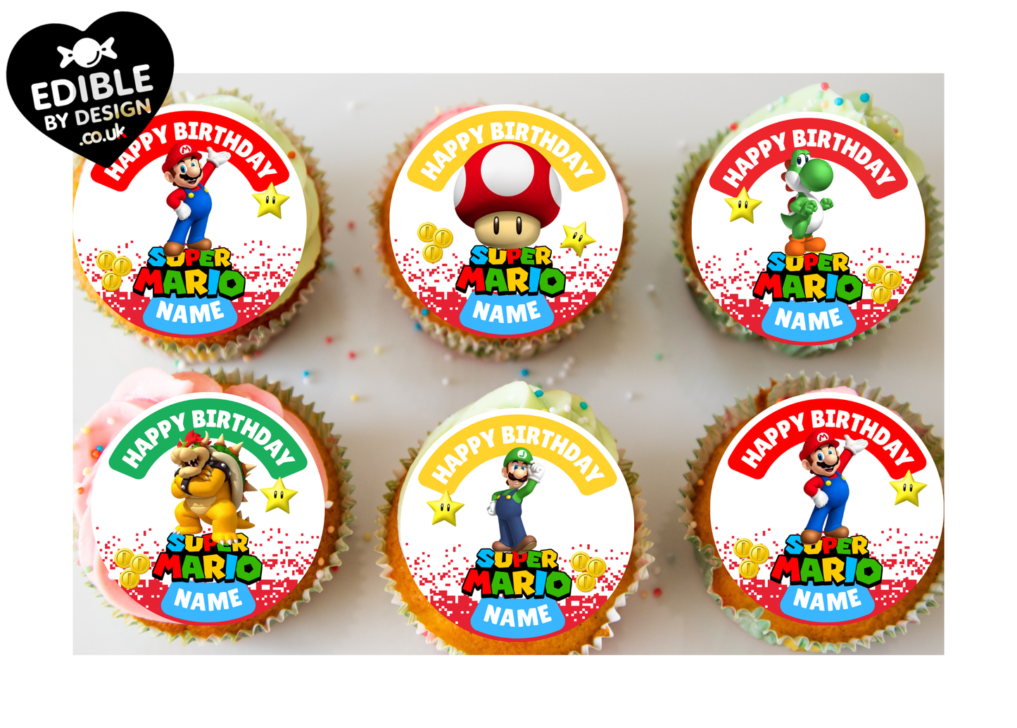 Super Mario Theme Birthday Cake Toppers Edible Circles Personalised Name and Age Matching Stickers Balloon Invitations Pack