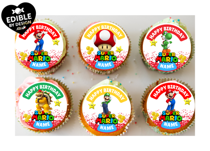 Super Mario Theme Birthday Cake Toppers Edible Circles Personalised Name and Age Matching Stickers Balloon Invitations Pack