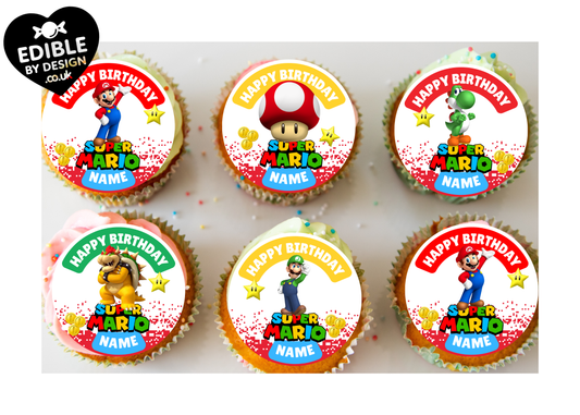 Super Mario Theme Birthday Cake Toppers Edible Circles Personalised Name and Age Matching Stickers Balloon Invitations Pack