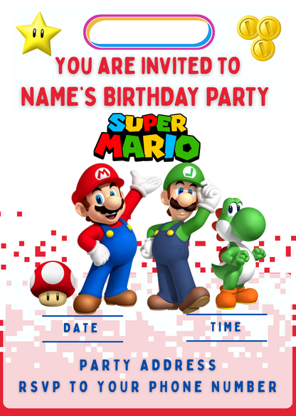 Super Mario Theme Birthday Cake Toppers Edible Circles Personalised Name and Age Matching Stickers Balloon Invitations Pack