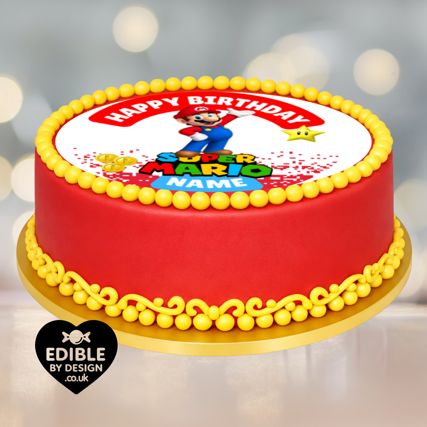 Super Mario Theme Birthday Cake Toppers Edible Circles Personalised Name and Age Matching Stickers Balloon Invitations Pack