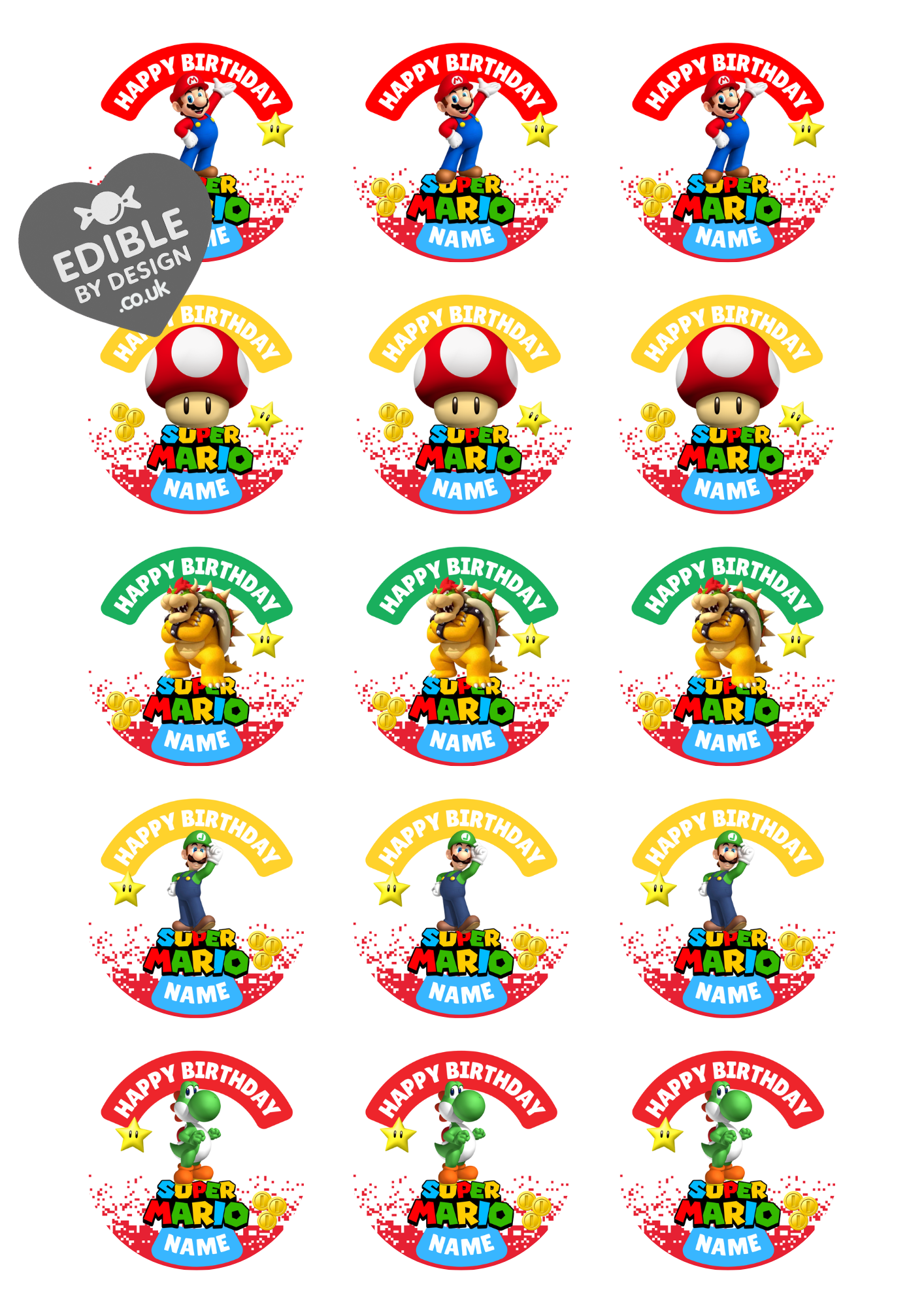 Super Mario Theme Birthday Cake Toppers Edible Circles Personalised Name and Age Matching Stickers Balloon Invitations Pack