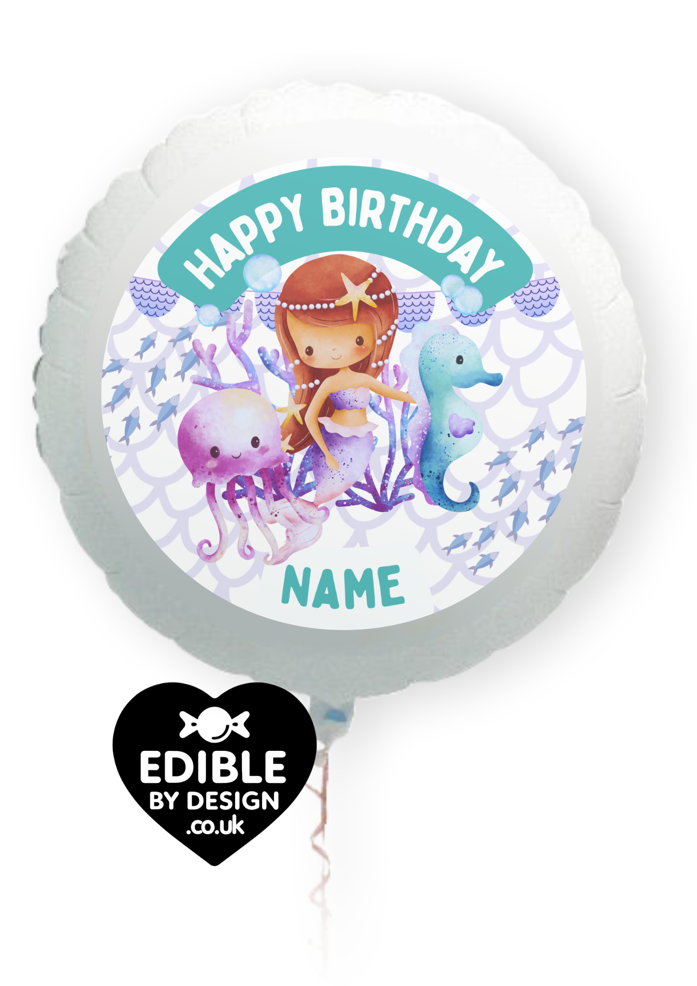 Mermaid Sea Theme Birthday Cake Toppers Edible Circles Personalised Name and Age Matching Stickers Balloon Invitations Pack