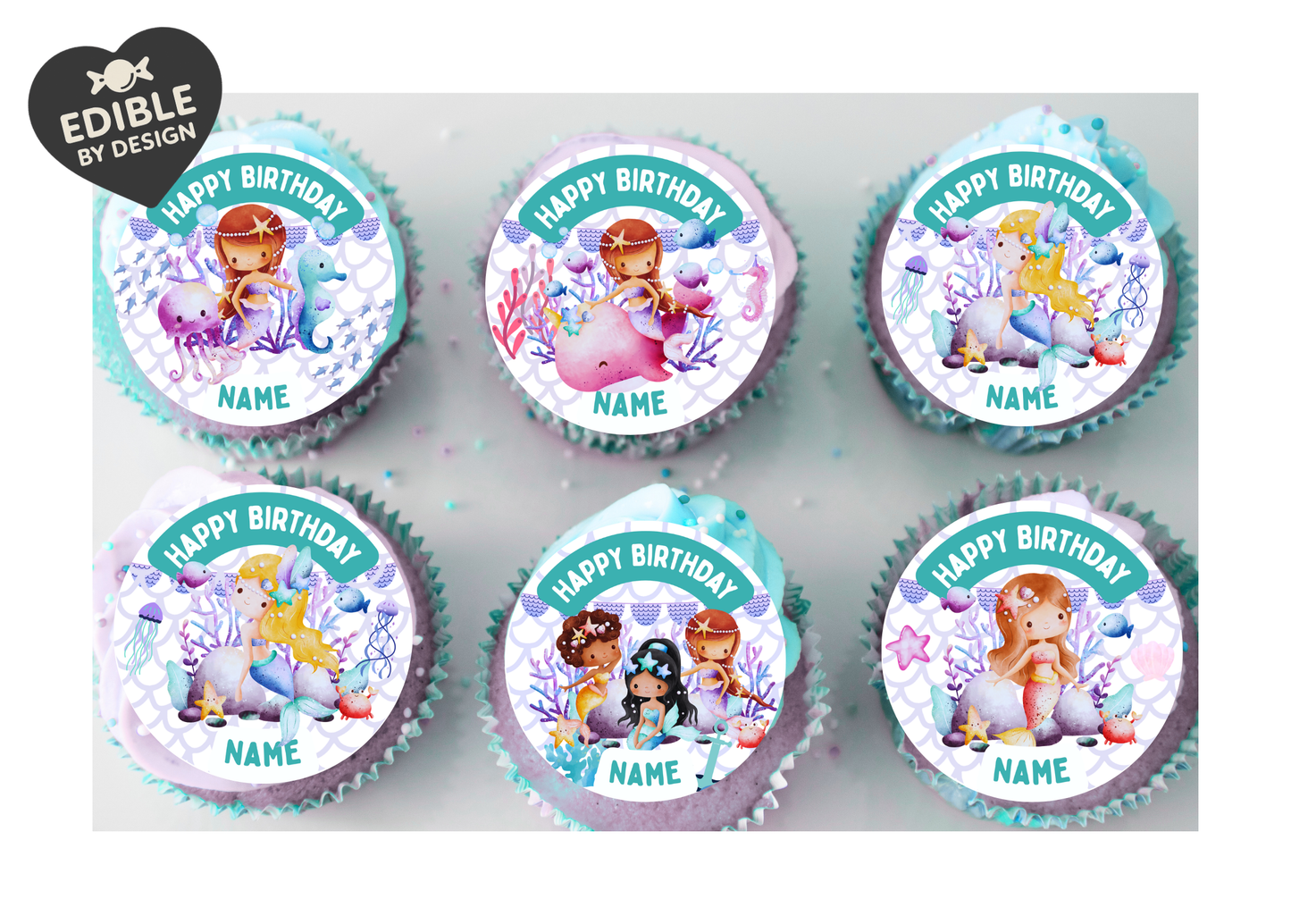 Mermaid Sea Theme Birthday Cake Toppers Edible Circles Personalised Name and Age Matching Stickers Balloon Invitations Pack