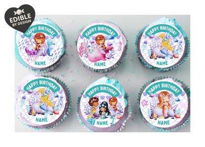 Mermaid Sea Theme Birthday Cake Toppers Edible Circles Personalised Name and Age Matching Stickers Balloon Invitations Pack