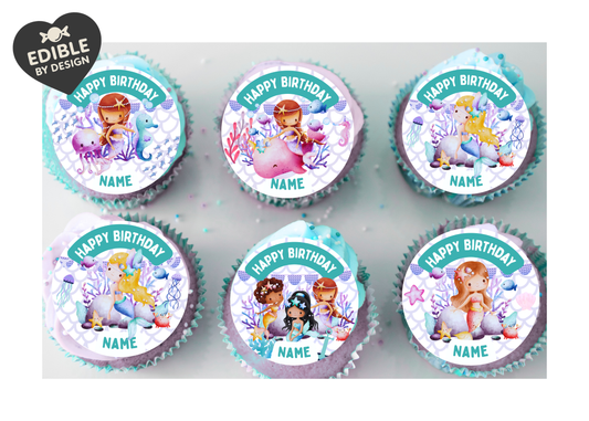 Mermaid Sea Theme Birthday Cake Toppers Edible Circles Personalised Name and Age Matching Stickers Balloon Invitations Pack