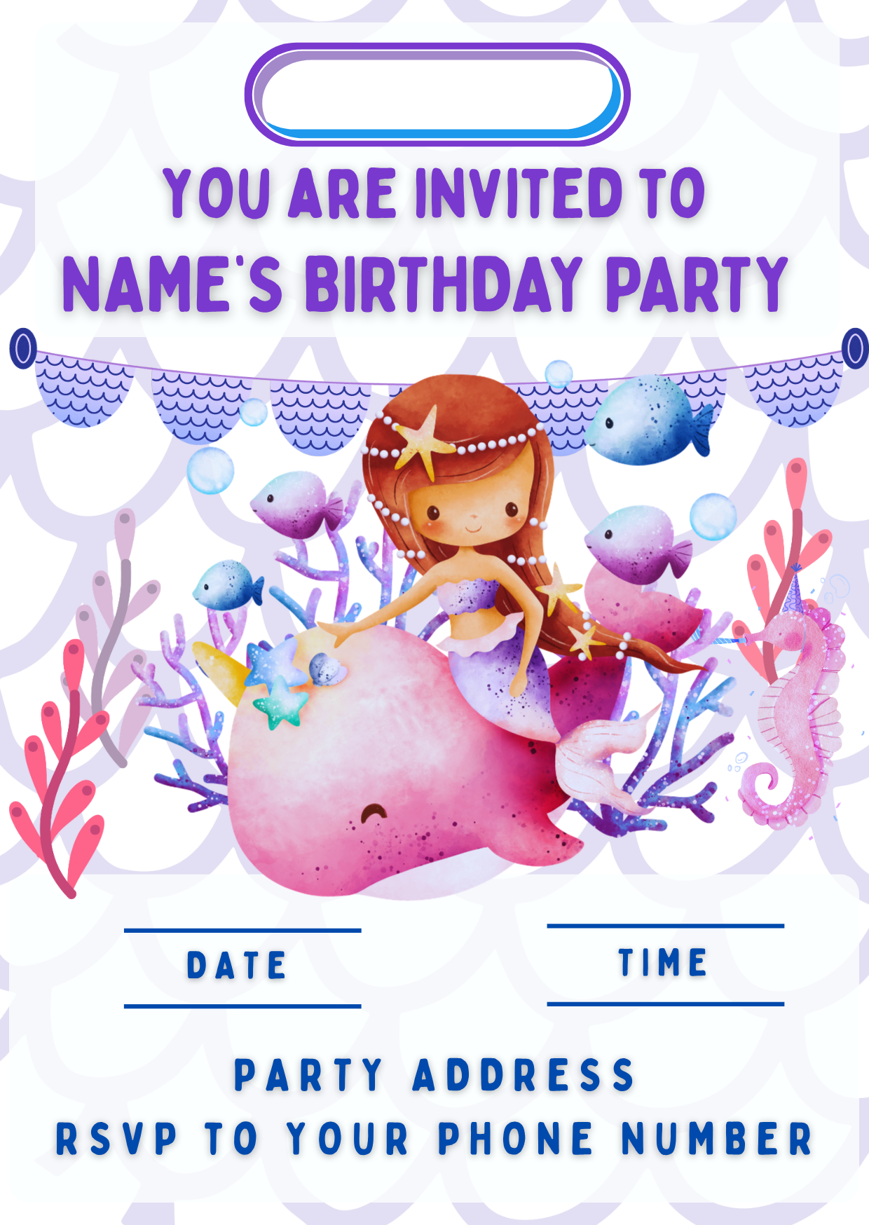 Mermaid Sea Theme Birthday Cake Toppers Edible Circles Personalised Name and Age Matching Stickers Balloon Invitations Pack