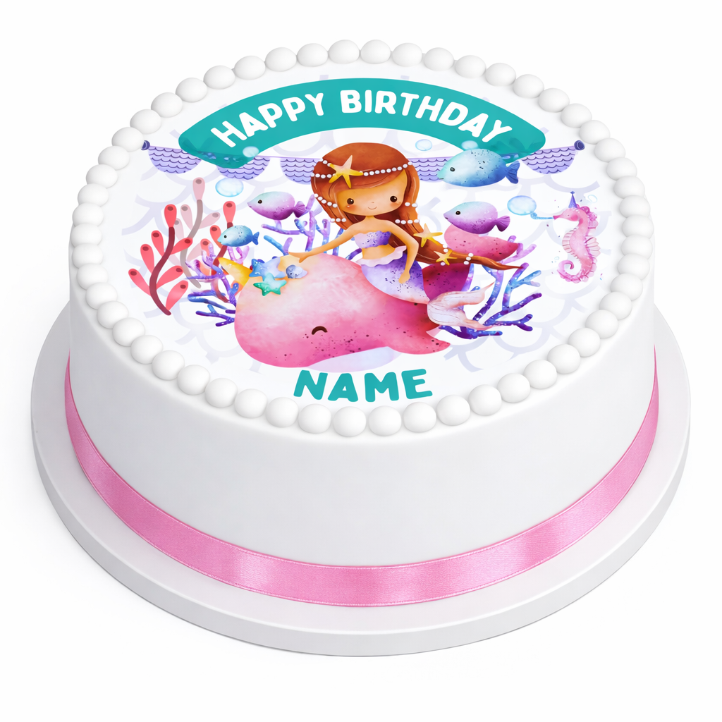 Mermaid Sea Theme Birthday Cake Toppers Edible Circles Personalised Name and Age Matching Stickers Balloon Invitations Pack