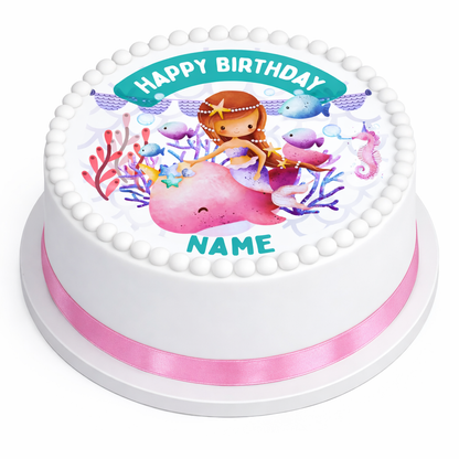 Mermaid Sea Theme Birthday Cake Toppers Edible Circles Personalised Name and Age Matching Stickers Balloon Invitations Pack