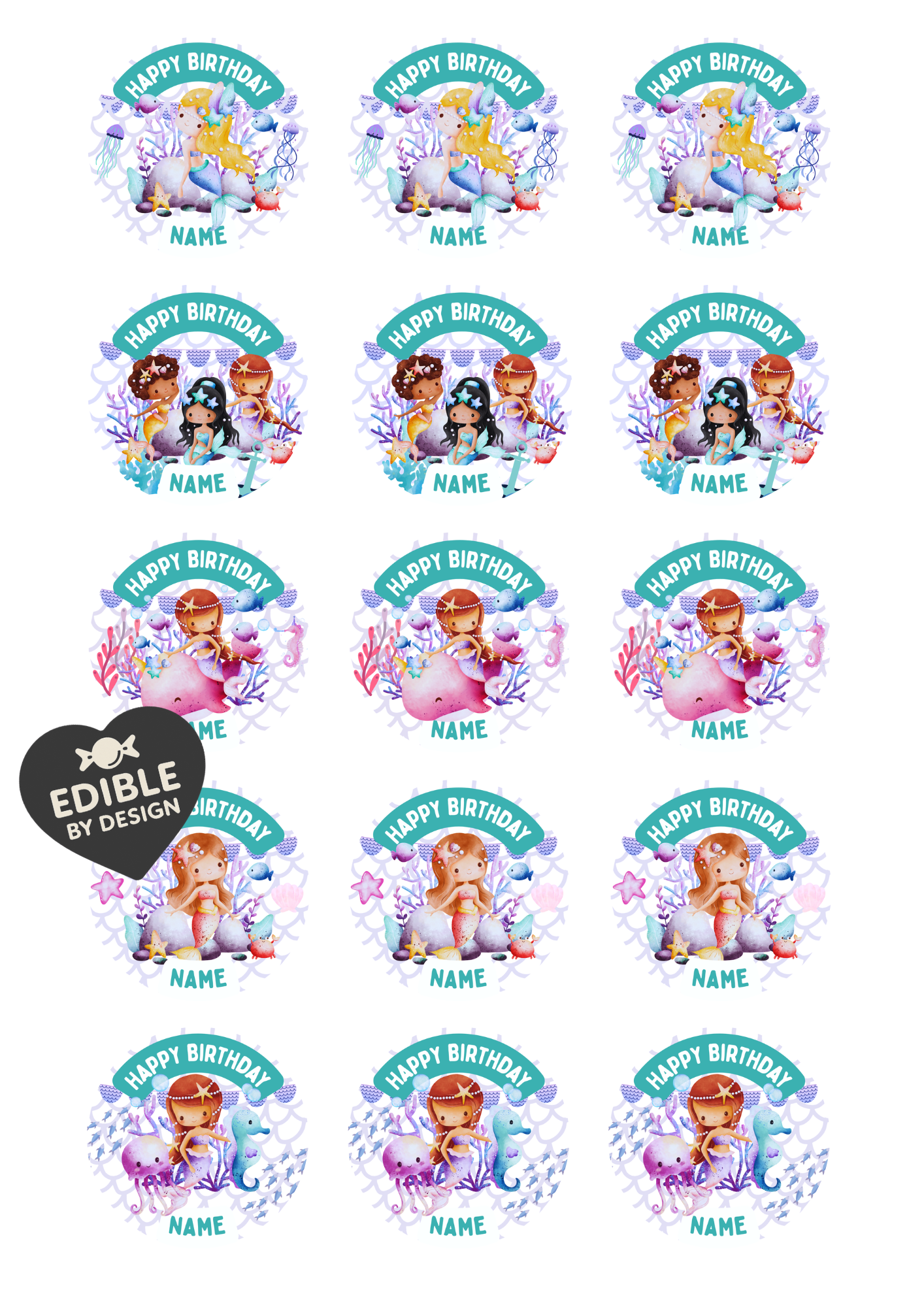 Mermaid Sea Theme Birthday Cake Toppers Edible Circles Personalised Name and Age Matching Stickers Balloon Invitations Pack
