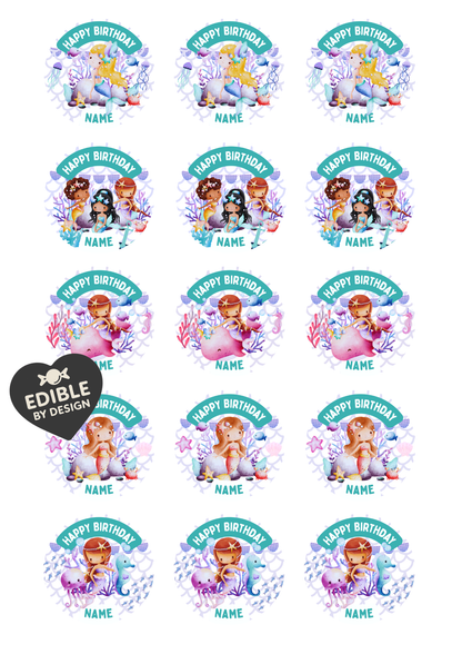 Mermaid Sea Theme Birthday Cake Toppers Edible Circles Personalised Name and Age Matching Stickers Balloon Invitations Pack