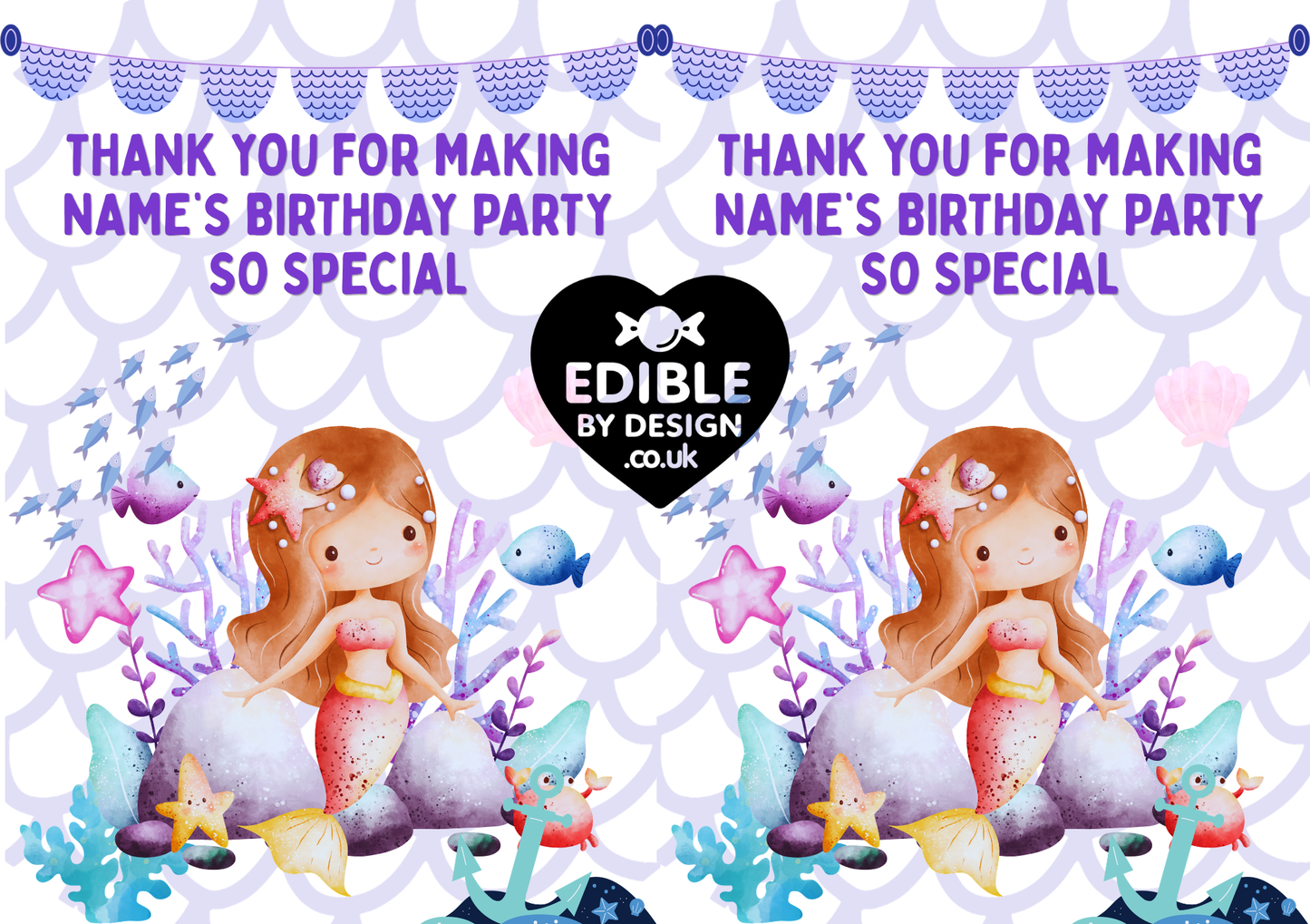 Mermaid Sea Theme Birthday Cake Toppers Edible Circles Personalised Name and Age Matching Stickers Balloon Invitations Pack