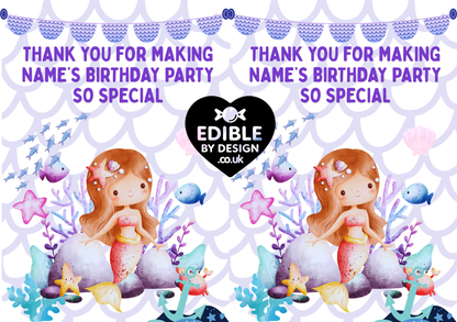 Mermaid Sea Theme Birthday Cake Toppers Edible Circles Personalised Name and Age Matching Stickers Balloon Invitations Pack