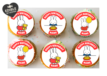 Miffy Theme Birthday Cake Toppers Edible Circles Personalised Name and Age Matching Stickers Balloon Invitations Pack