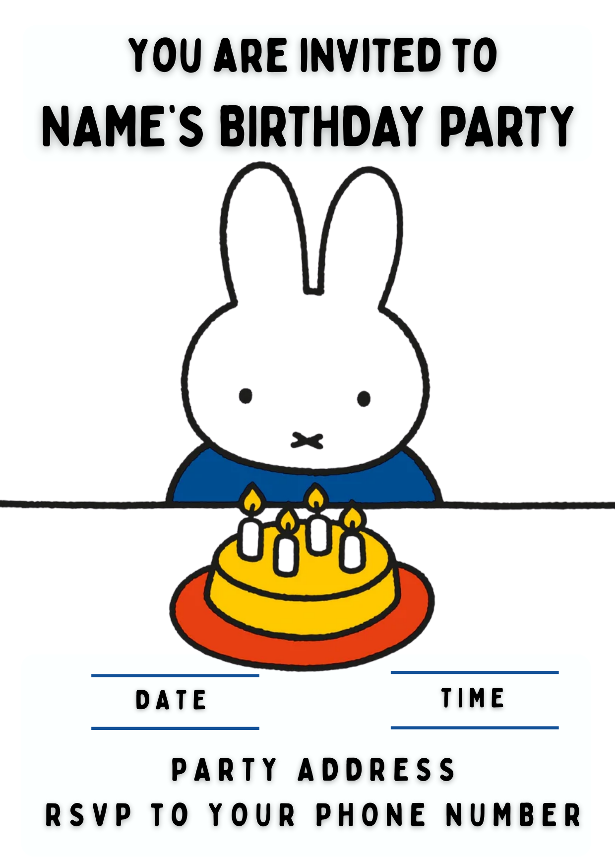Miffy Theme Birthday Cake Toppers Edible Circles Personalised Name and Age Matching Stickers Balloon Invitations Pack