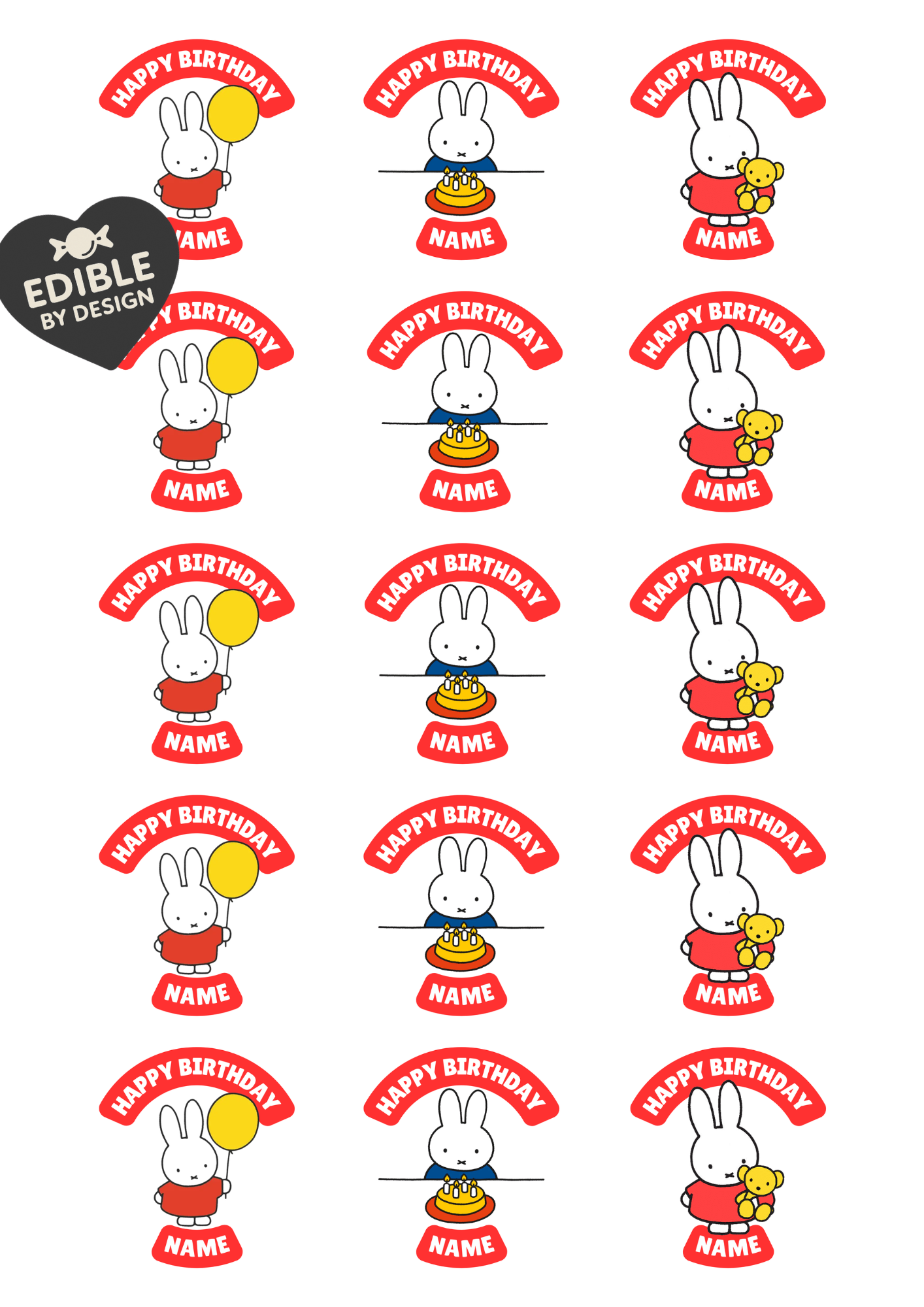 Miffy Theme Birthday Cake Toppers Edible Circles Personalised Name and Age Matching Stickers Balloon Invitations Pack