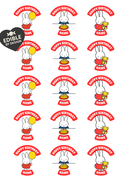 Miffy Theme Birthday Cake Toppers Edible Circles Personalised Name and Age Matching Stickers Balloon Invitations Pack