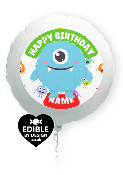 Monster Theme Birthday Cake Toppers Edible Circles Personalised Name and Age Matching Stickers Balloon Invitations Pack