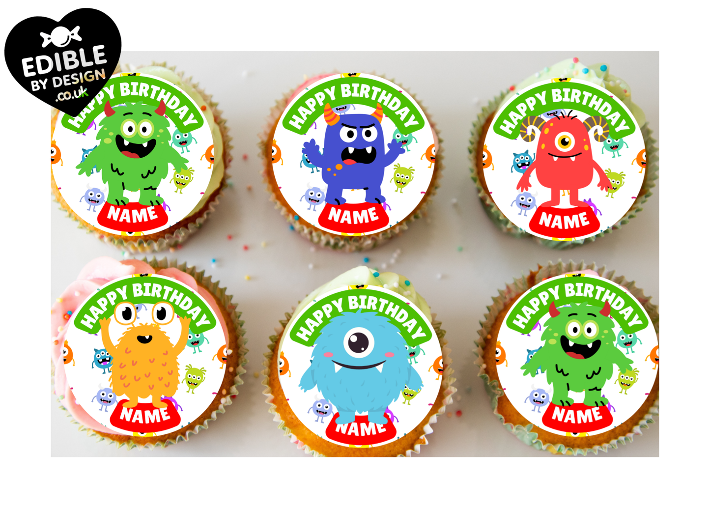 Monster Theme Birthday Cake Toppers Edible Circles Personalised Name and Age Matching Stickers Balloon Invitations Pack