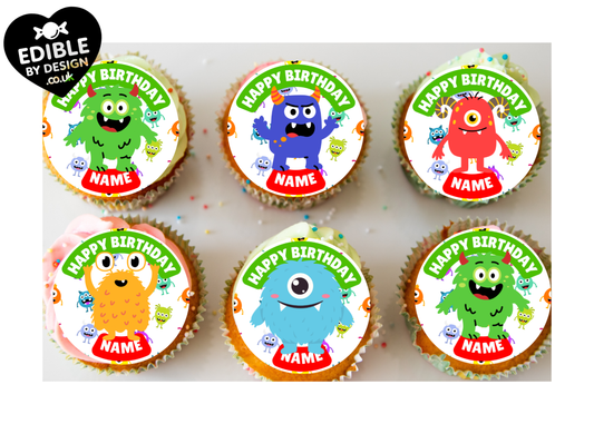 Monster Theme Birthday Cake Toppers Edible Circles Personalised Name and Age Matching Stickers Balloon Invitations Pack