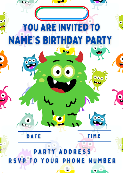 Monster Theme Birthday Cake Toppers Edible Circles Personalised Name and Age Matching Stickers Balloon Invitations Pack